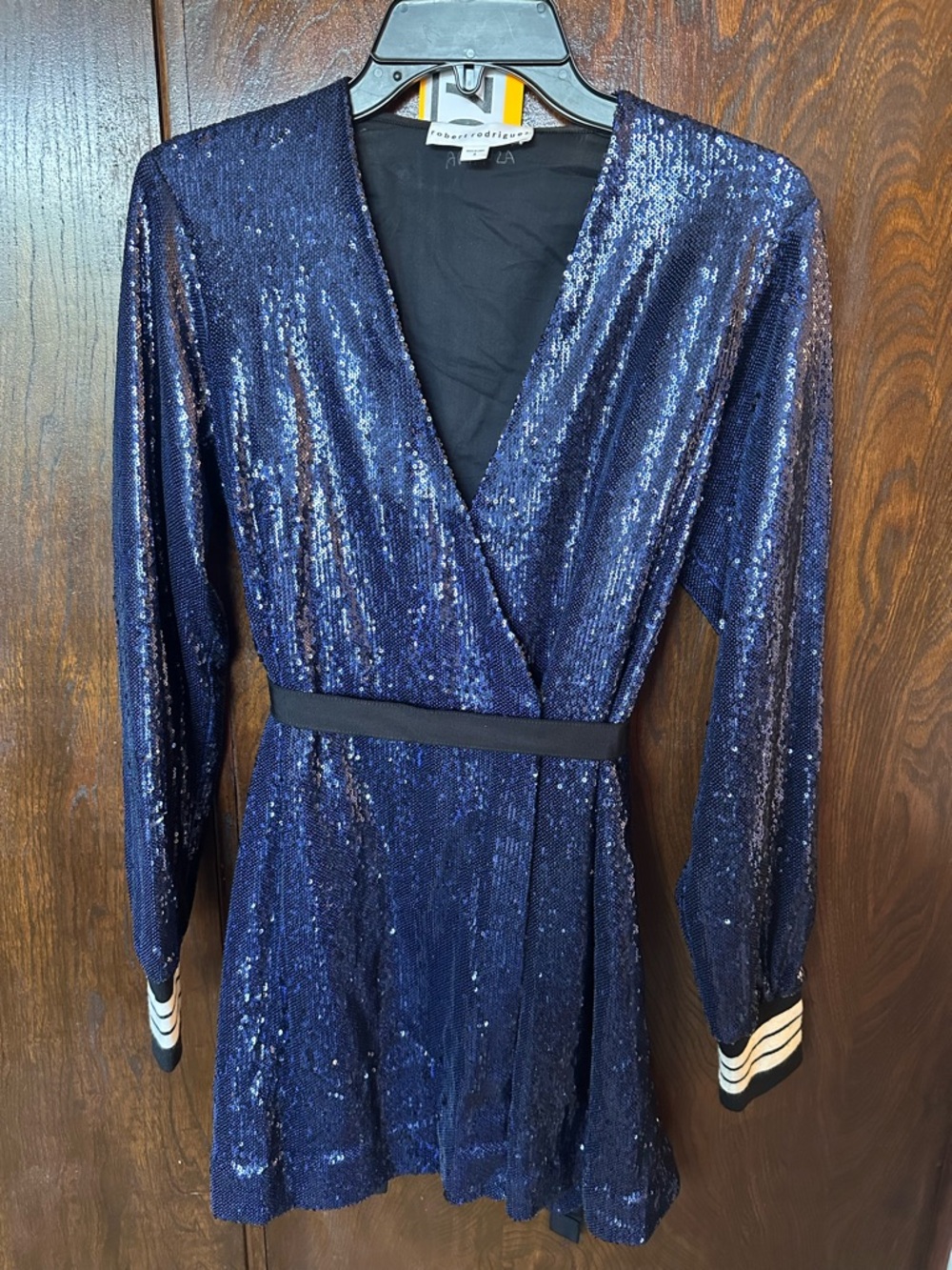 Robert Rodriguez Navy Sequin Wrap Dress Long Sleeve V-Neck Size Small